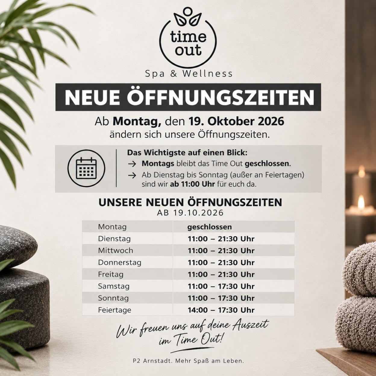Neue Öffnungszeiten "Time Out" Spa & Wellness